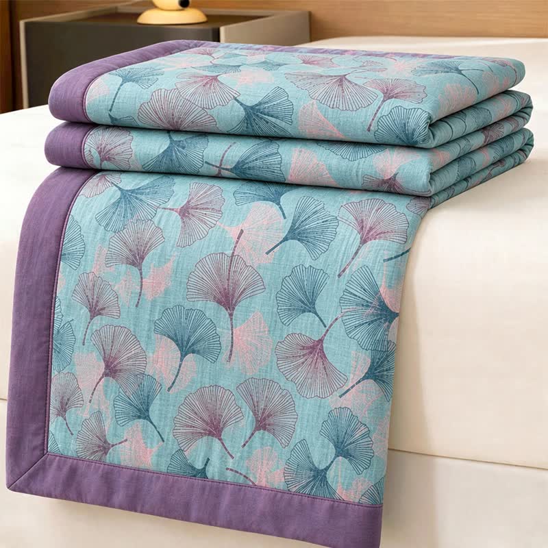 Retro Botanical Ginkgo Leaf Cotton Blanket - Blue - 90" x 92" - image 0