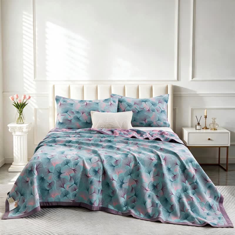 Retro Botanical Ginkgo Leaf Cotton Blanket - image 3