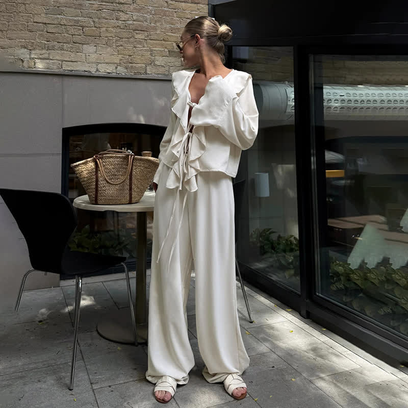Romantic Ruffle Tie‑Front Loungewear Set - image 1