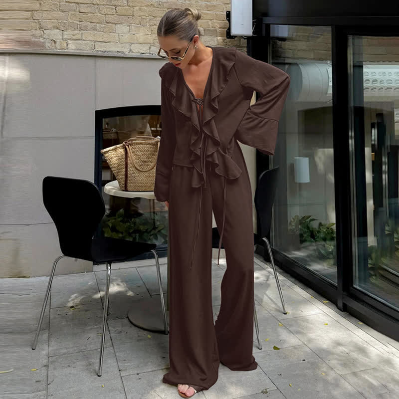 Romantic Ruffle Tie‑Front Loungewear Set - Brown - L - image 6