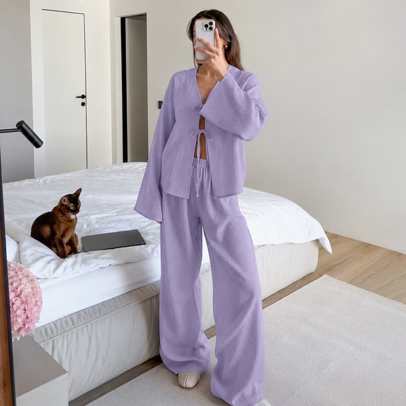 Soft Crinkle Textured Cotton Loungewear Set - Purple - L - image 3
