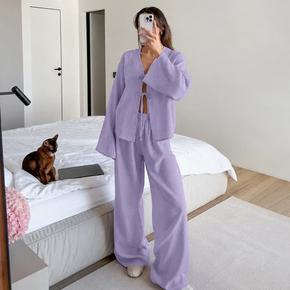 Soft Crinkle Textured Cotton Loungewear Set - Purple - L - image 3