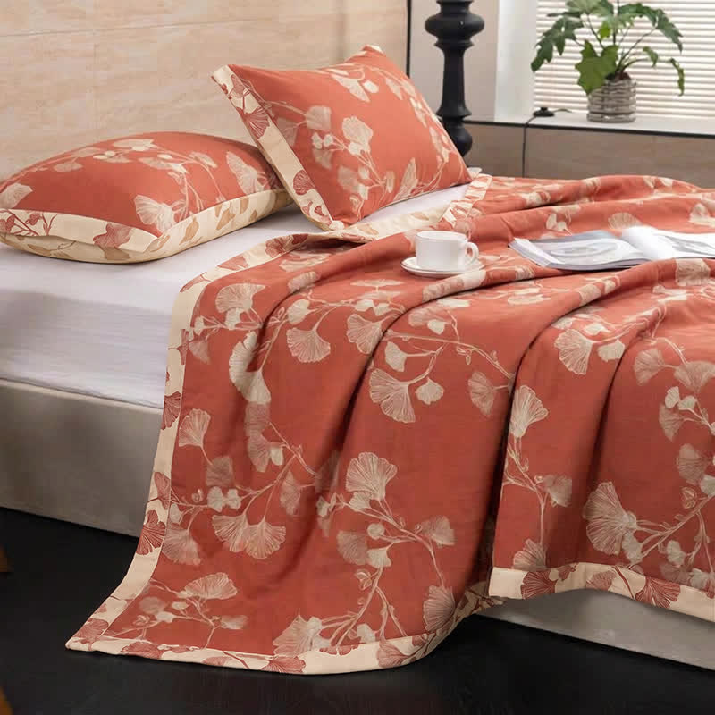 Red Ginkgo Leaf Cotton Bedspread Set - Red - 2PCS Pillowcases - 40'' x 20'' - image 3