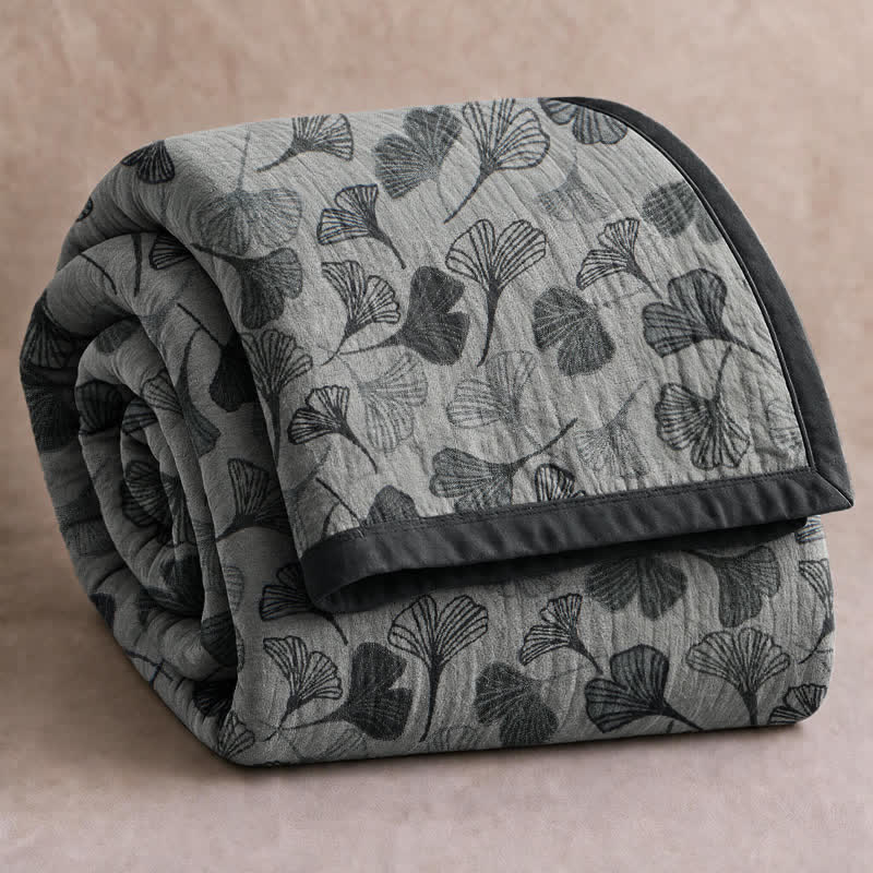 Grey‑Black Ginkgo Leaf Cotton Blanket - Light Gray - 90" x 92" - image 0