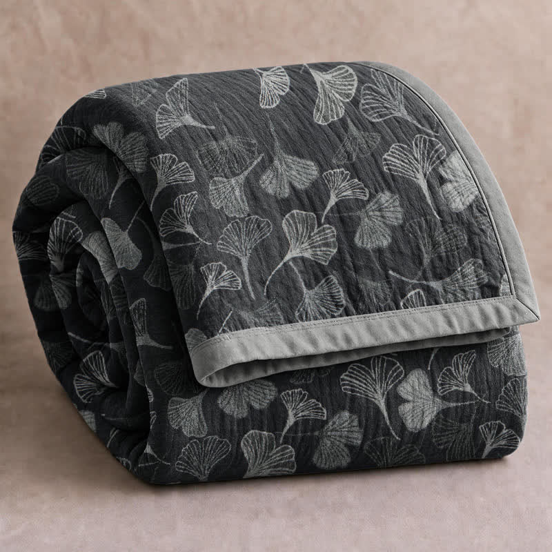 Grey‑Black Ginkgo Leaf Cotton Blanket - Black - 90" x 92" - image 6