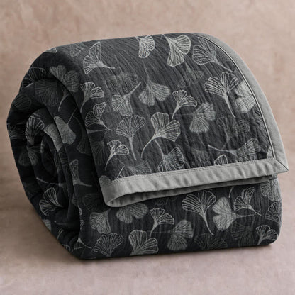 Grey‑Black Ginkgo Leaf Cotton Blanket - Black - 90" x 92" - image 6