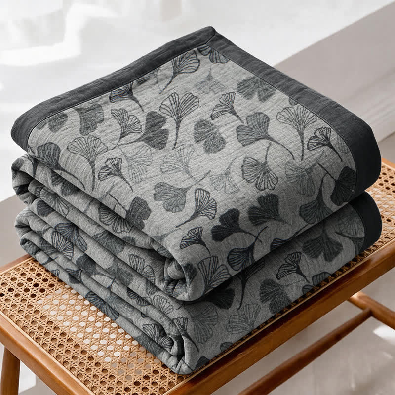 Grey‑Black Ginkgo Leaf Cotton Blanket - image 1
