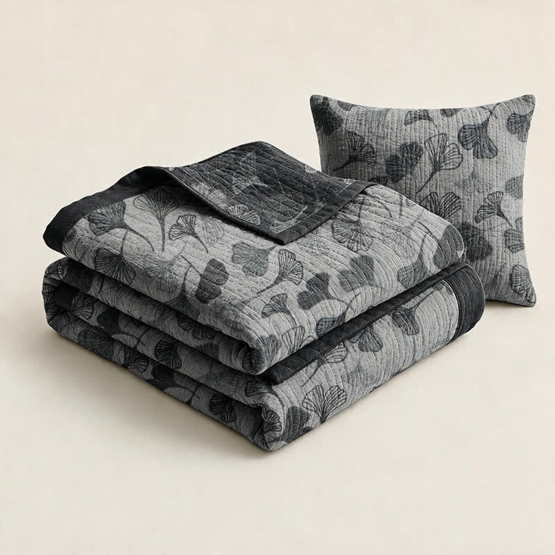 Grey‑Black Ginkgo Leaf Cotton Blanket - image 2