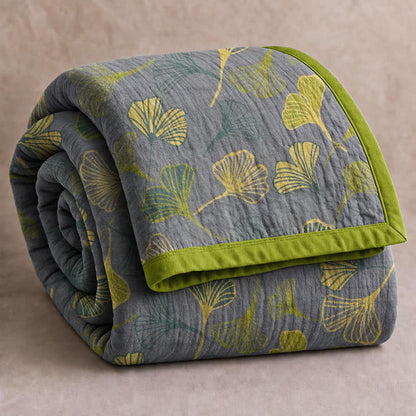 Green‑Gray Ginkgo Leaf Cotton Blanket - Light Gray - 90" x 92" - image 6