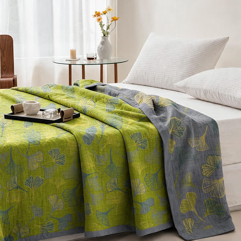 Green‑Gray Ginkgo Leaf Cotton Blanket - image 2