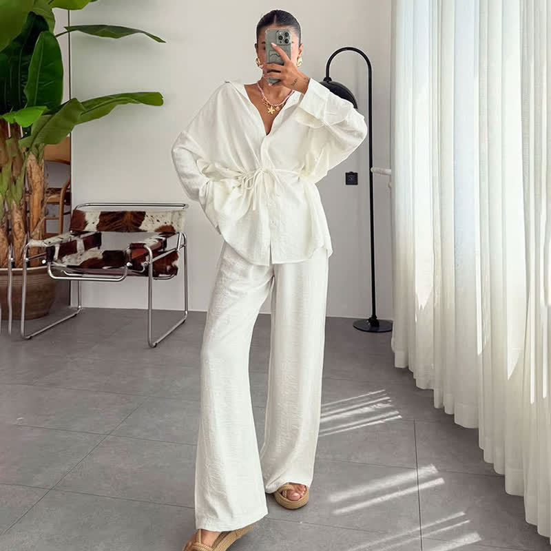 Solid Color Textured Crinkle Loungewear Set - White - L - image 0