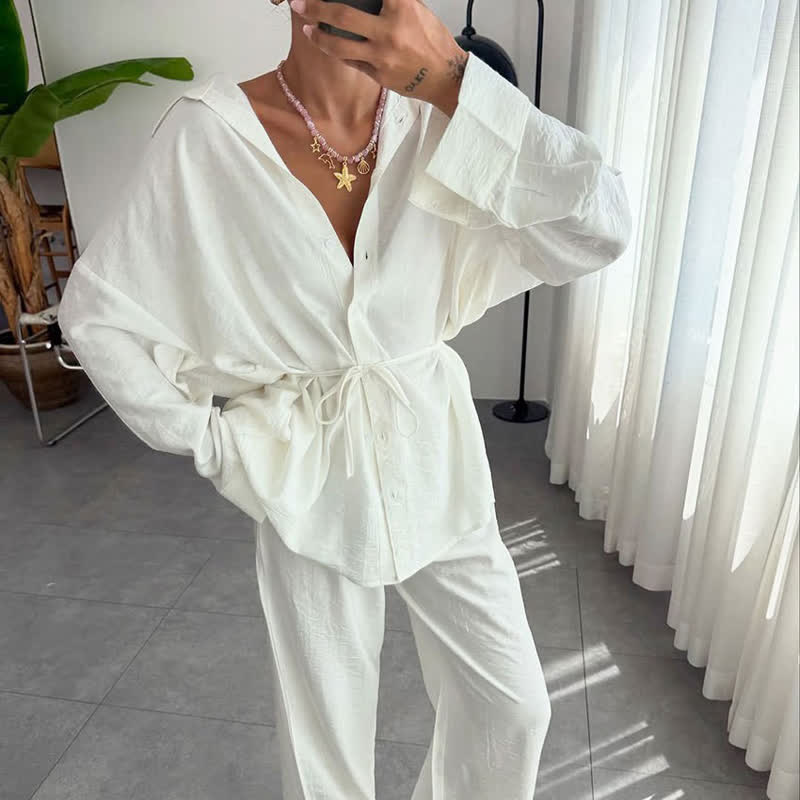 Solid Color Textured Crinkle Loungewear Set - image 1