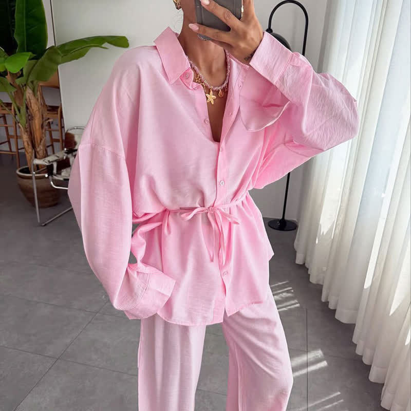Solid Color Textured Crinkle Loungewear Set - Pink - L - image 6