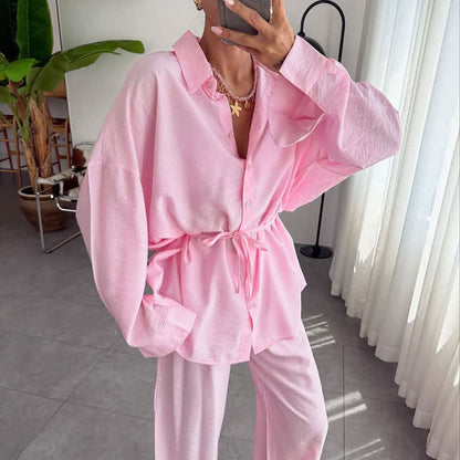 Solid Color Textured Crinkle Loungewear Set - Pink - L - image 6