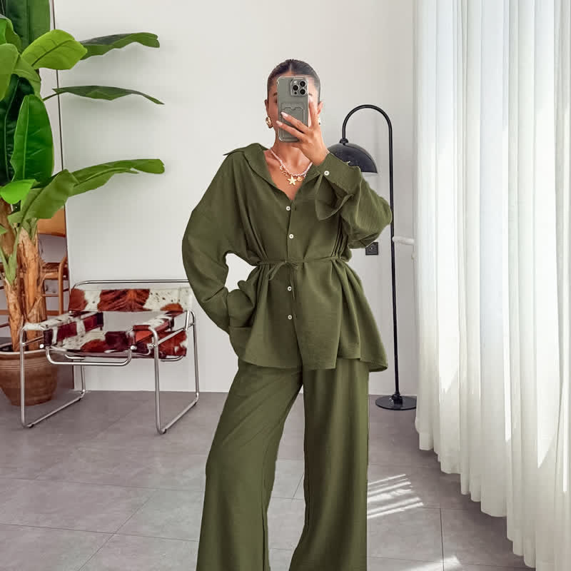 Solid Color Textured Crinkle Loungewear Set - Green - L - image 7