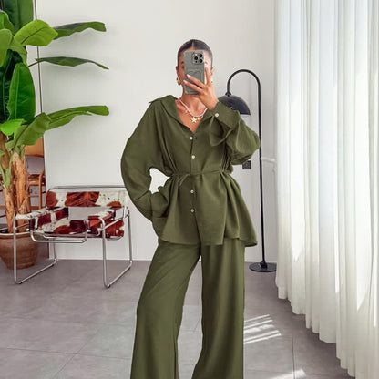 Solid Color Textured Crinkle Loungewear Set - Green - L - image 7