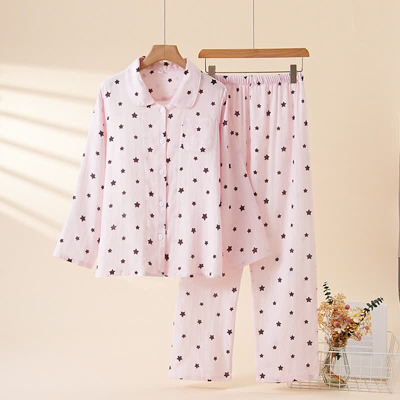 Pastel Star Cotton Long Sleeve Pajamas - Light Pink - XL - image 4