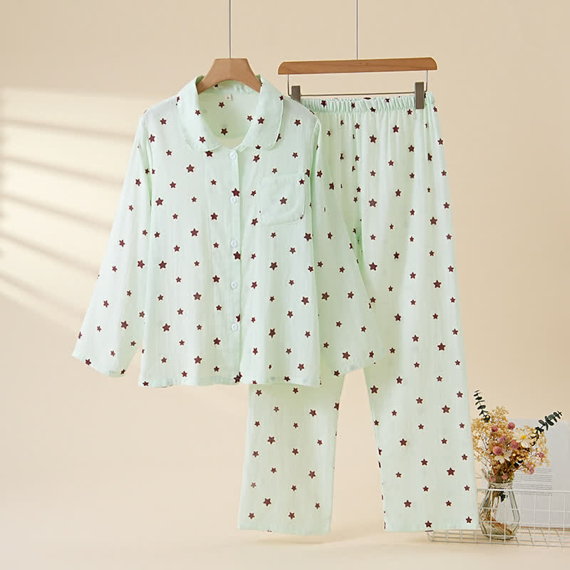 Pastel Star Cotton Long Sleeve Pajamas - Green - XL - image 5