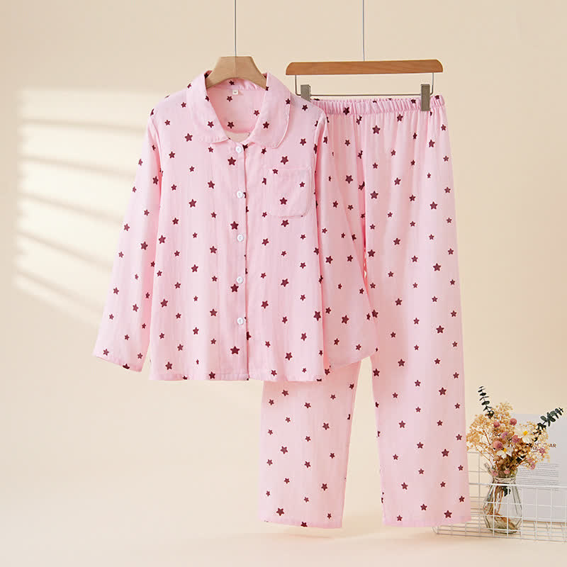 Pastel Star Cotton Long Sleeve Pajamas - Pink - XL - image 13