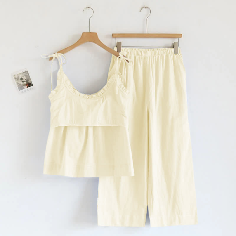 Solid Color Ruffle Cotton Camisole Pajamas - image 18