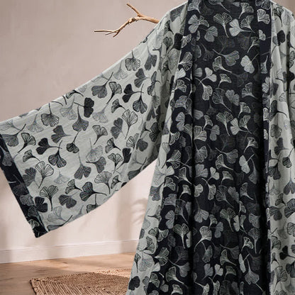 Black White Ginkgo Leaf Cotton Kimono Robe - image 8