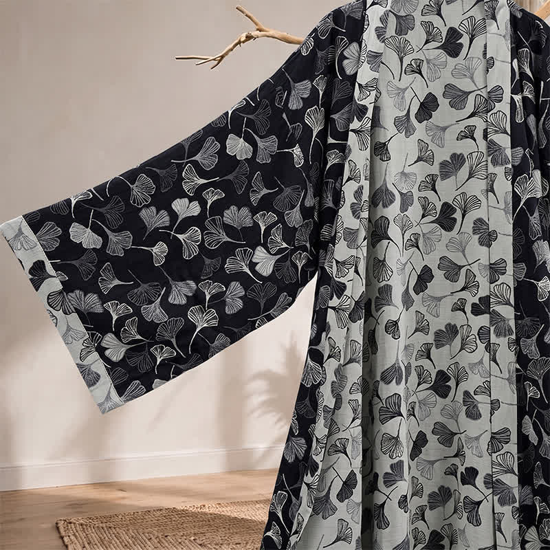 Black White Ginkgo Leaf Cotton Kimono Robe - image 3