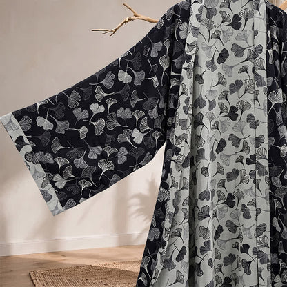 Black White Ginkgo Leaf Cotton Kimono Robe - image 3