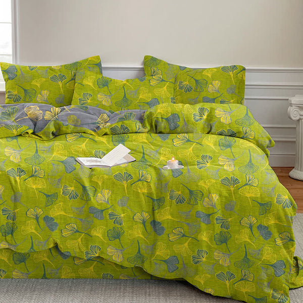 Vintage Green Ginkgo Leaf Cotton Reversible Bedding Set - Green - 2PCS Pillowcases - 20" x 37" - image 0