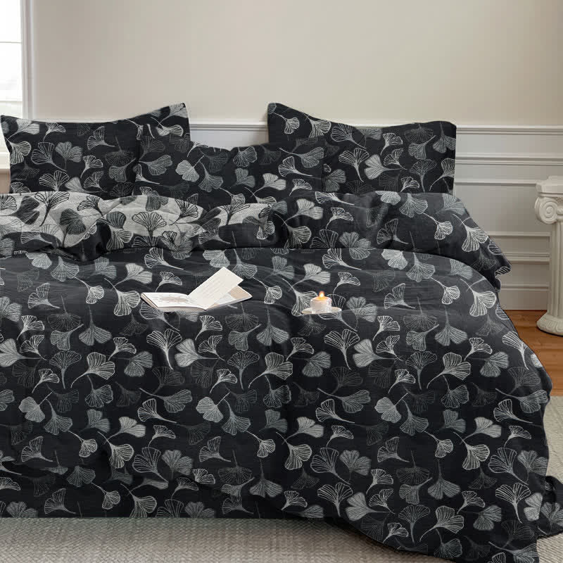Vintage Black Ginkgo Leaf Reversible Cotton Bedding Set - Black - 2PCS Pillowcases - 20" x 37" - image 0