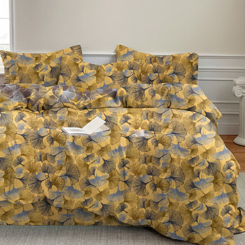 Retro Ginkgo Leaf Cotton Gauze Bedding Set - Yellow - 2PCS Pillowcases - 20" x 37" - image 0