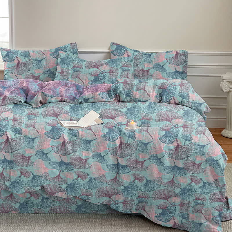 Retro Botanical Ginkgo Leaf Cotton Bedding Set - Blue - King - Bedding Set(4PCS) - image 0
