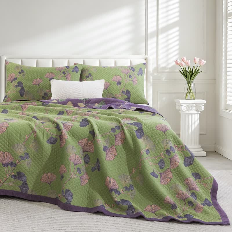 Artistic Ginkgo Leaf Cotton Gauze Blanket - Green - 90" x 92" - image 8