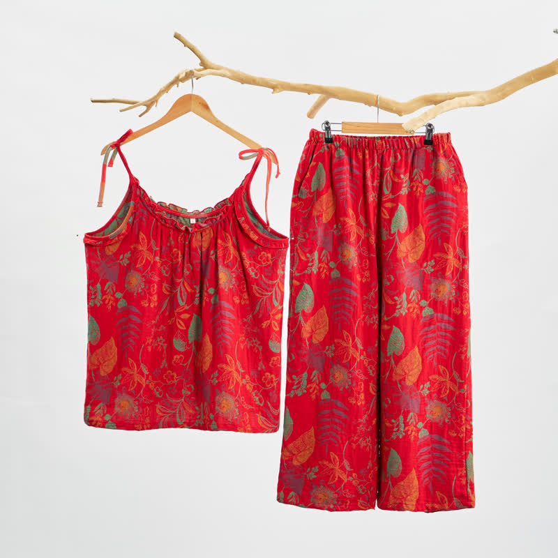 Retro Red Leaf Cotton Cami Lounge Set - Red - XL - image 0