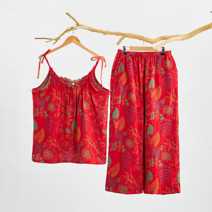 Retro Red Leaf Cotton Cami Lounge Set - Red - XL - image 0