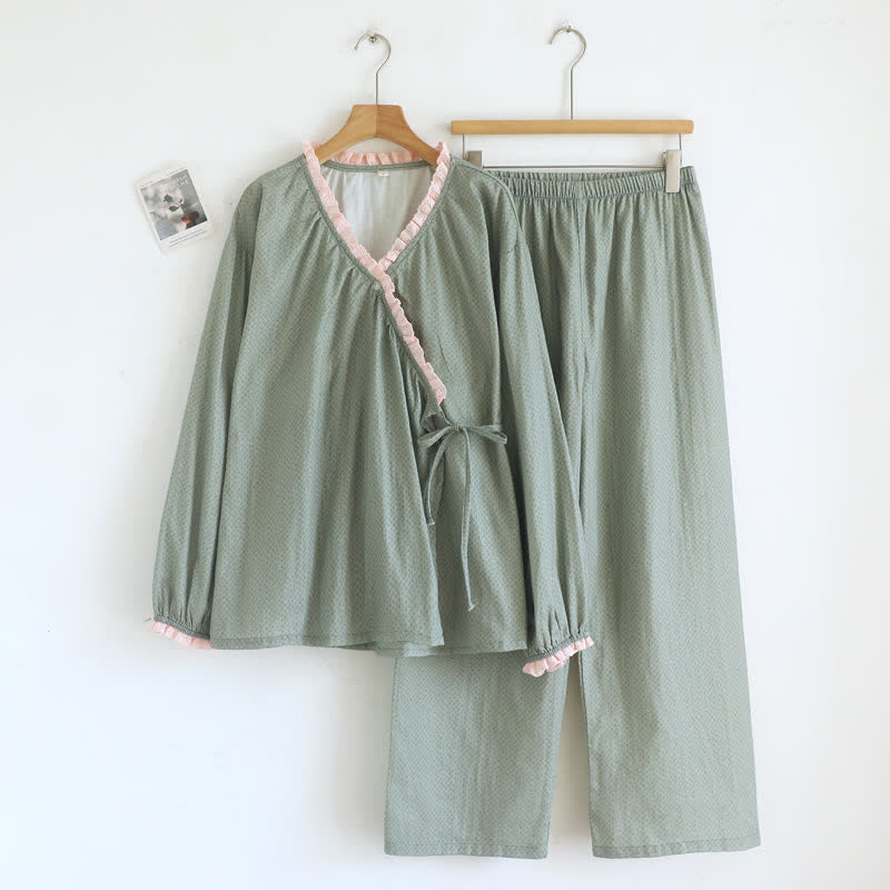 Sweet Side Tie Cotton Loungewear Set - Green - XL - image 0