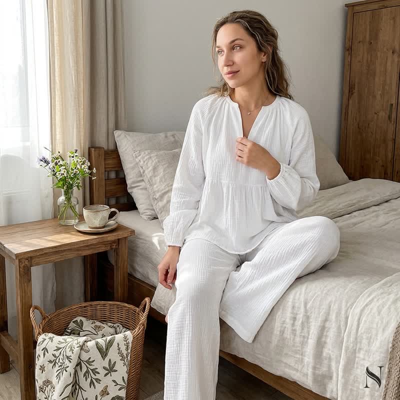 Solid White Cotton Gauze Loungewear Set - White - L - image 0