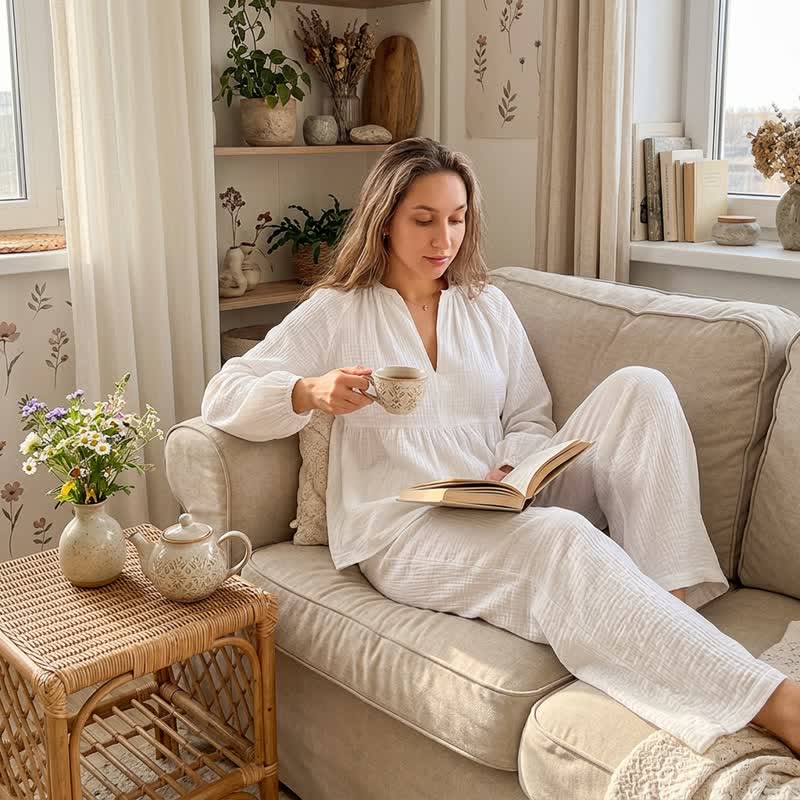 Solid White Cotton Gauze Loungewear Set - image 2