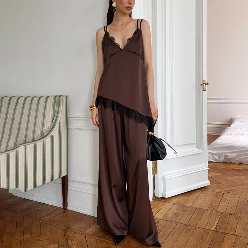Elegant Lace Trim Cami Lounge Set - Brown - L - image 10