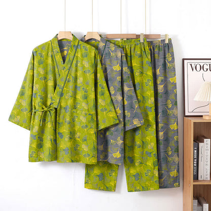 Ginkgo Leaf Cotton Kimono Lounge Pajama Set - image 1