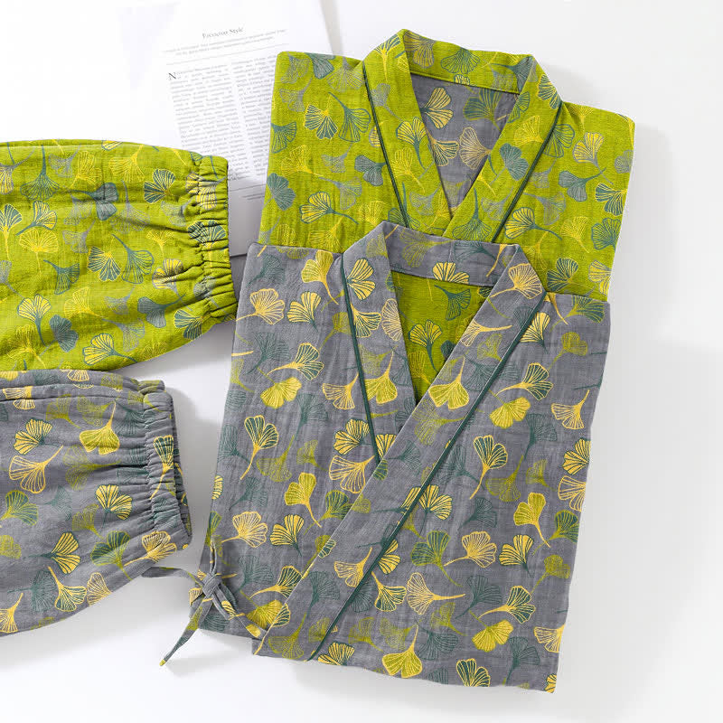 Ginkgo Leaf Cotton Kimono Lounge Pajama Set - image 11