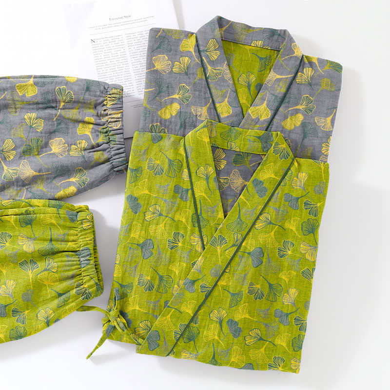 Ginkgo Leaf Cotton Kimono Lounge Pajama Set - image 5