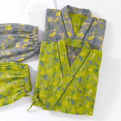 Ginkgo Leaf Cotton Kimono Lounge Pajama Set - image 5