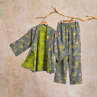 Ginkgo Leaf Cotton Kimono Lounge Pajama Set - image 10