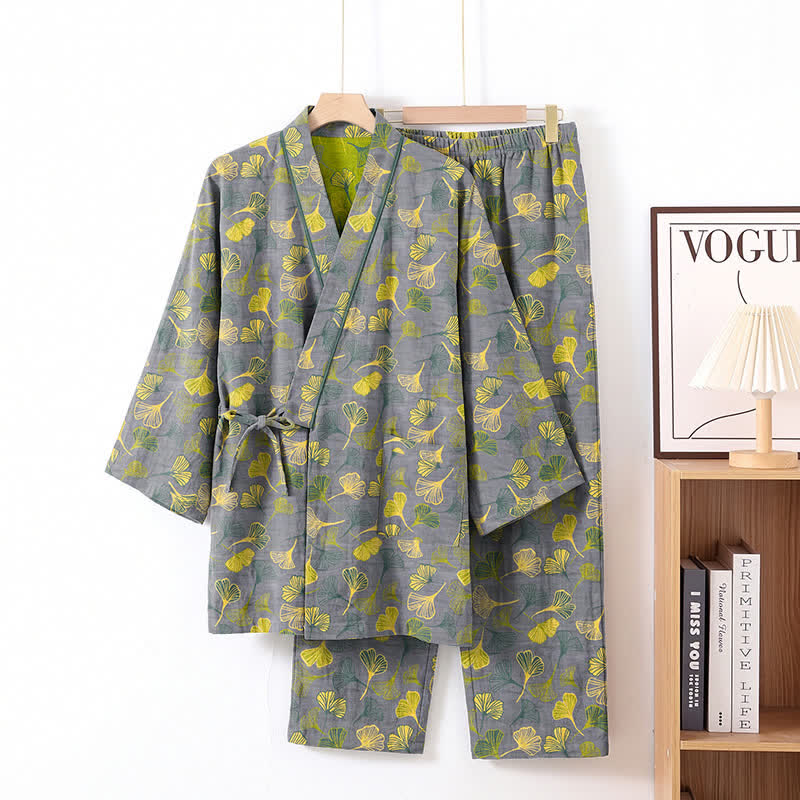 Ginkgo Leaf Cotton Kimono Lounge Pajama Set - Light Gray - XL - image 6