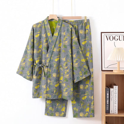 Ginkgo Leaf Cotton Kimono Lounge Pajama Set - Light Gray - XL - image 6