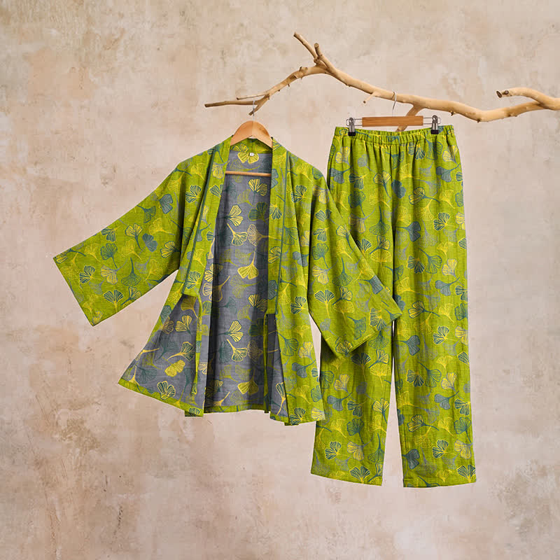 Ginkgo Leaf Cotton Kimono Lounge Pajama Set - image 4