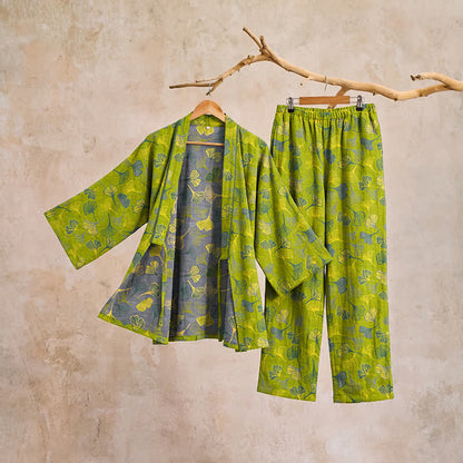 Ginkgo Leaf Cotton Kimono Lounge Pajama Set - image 4