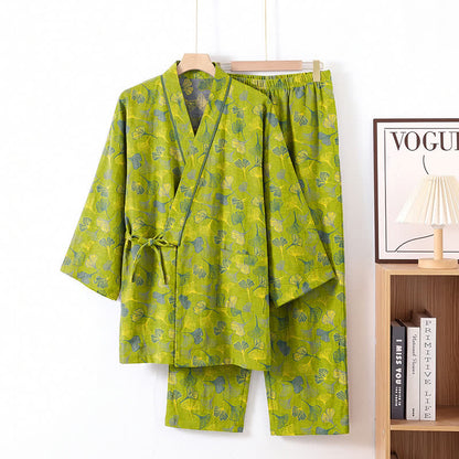 Ginkgo Leaf Cotton Kimono Lounge Pajama Set - Green - XL - image 0
