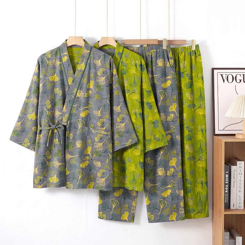 Ginkgo Leaf Cotton Kimono Lounge Pajama Set - image 7