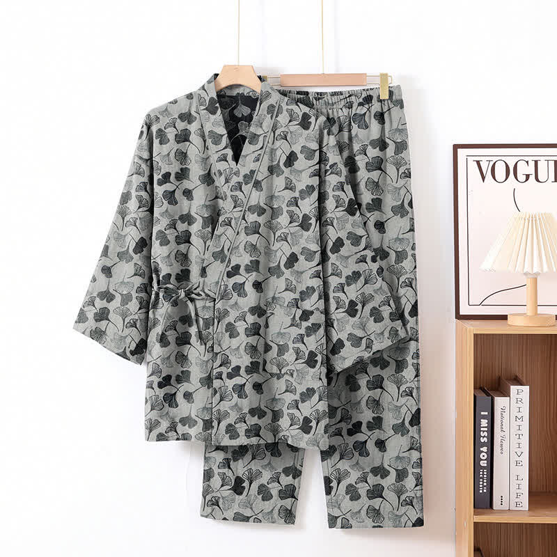 Ginkgo Leaf Cotton Long‑Sleeve Loungewear Set - White - XL - image 5